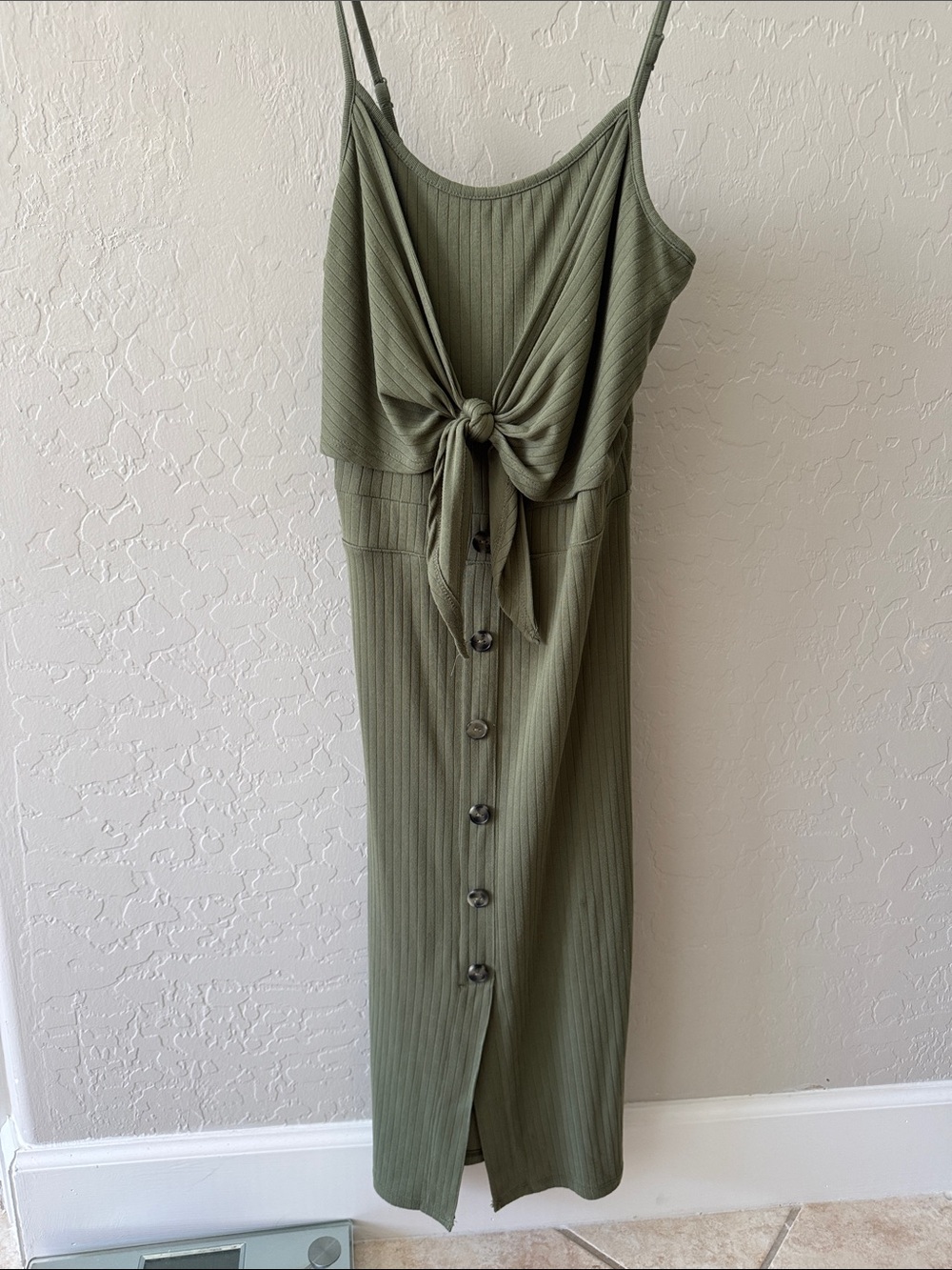 Olive Green Tie-Front Ribbed Midi Dress